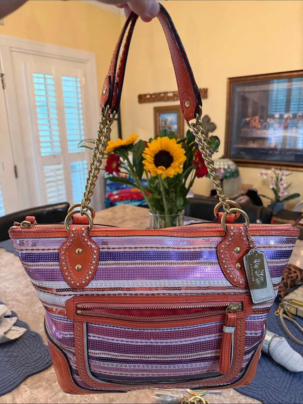 Coach Poppy Y2K  Pink, Purple, and Orange Sequined Leather-Trim Tote/Satchel